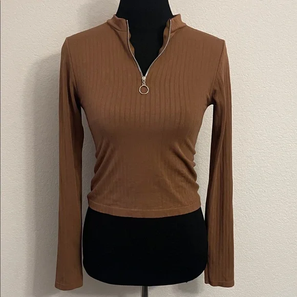 Womens Mock Neck Ribbed Crop Top Long Sleeve Quarter Zip Pullover Shirt - Picture 1 of 4